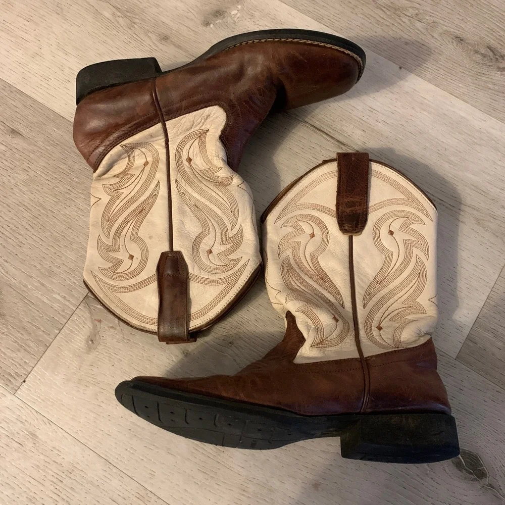 Rank 45‎ Kids Brown Cream Leather Western Cowboy Boots Square Toe